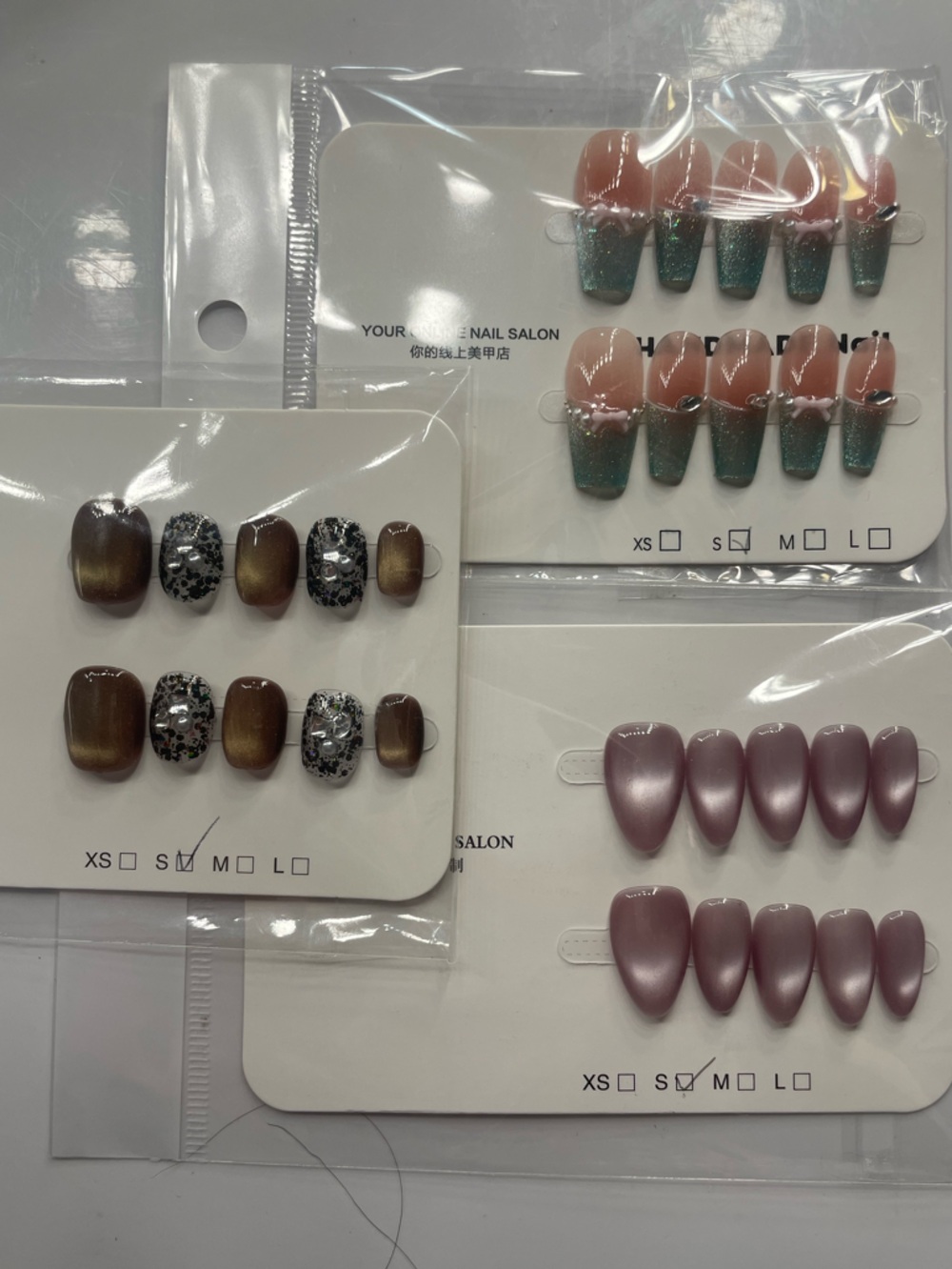 4 PACK Press-On Nail Sets Brown/Pink Cat Eyes, light green bow, & Black Sparkles